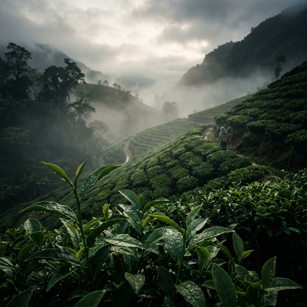 Neblige Teegärten in Assam